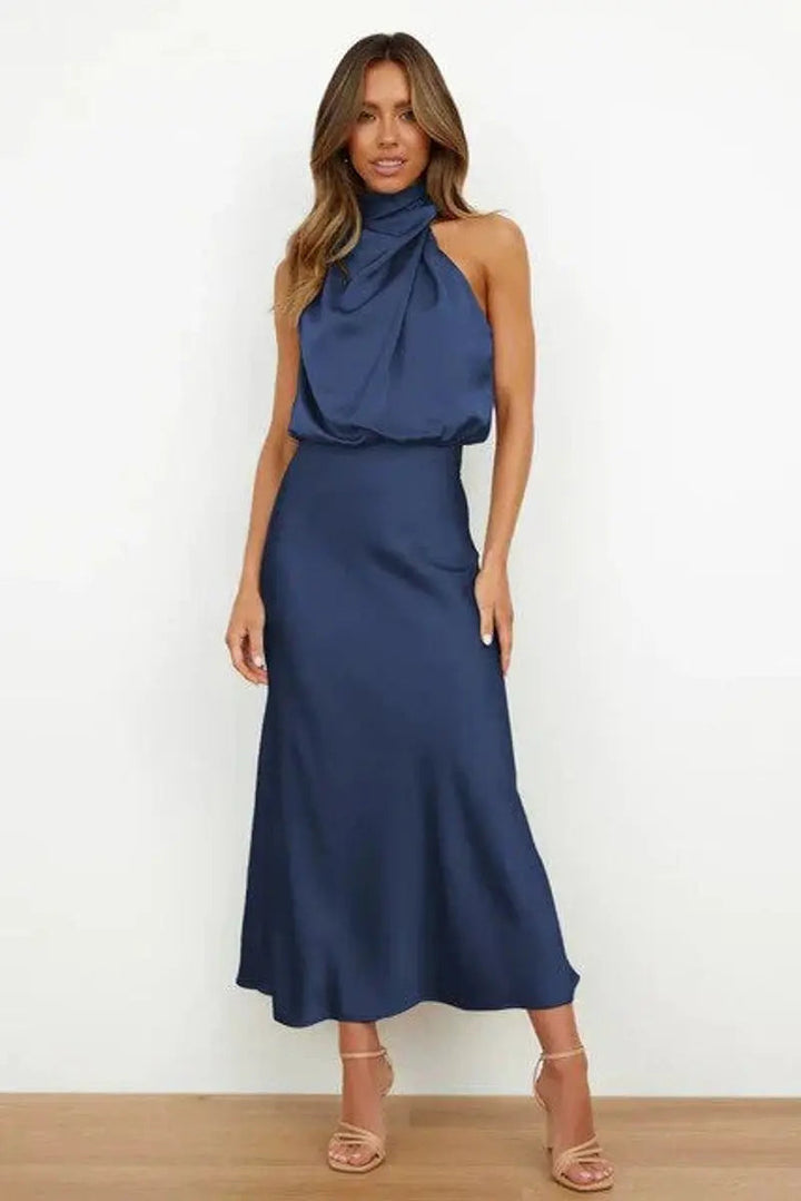 Versatile women's midi formal dress, featuring an off-shoulder design for elegant cocktail parties.