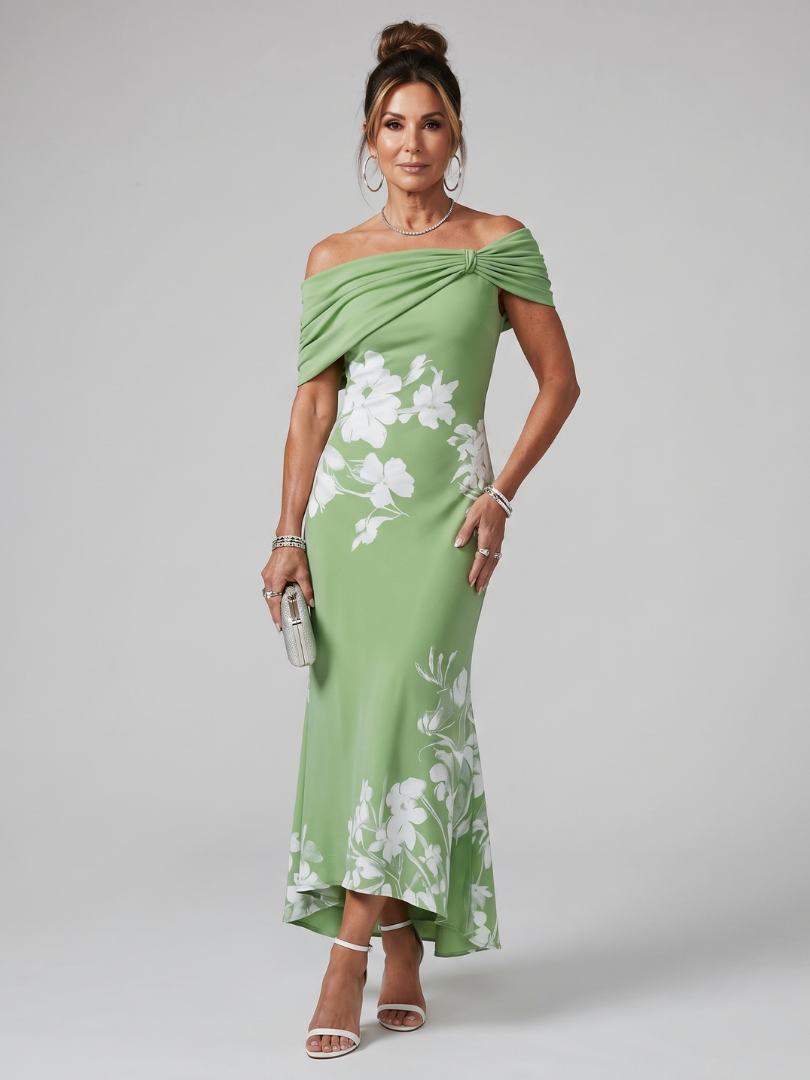Elegant women's off-shoulder midi dress with draped neckline, perfect for cocktail parties & formal events.