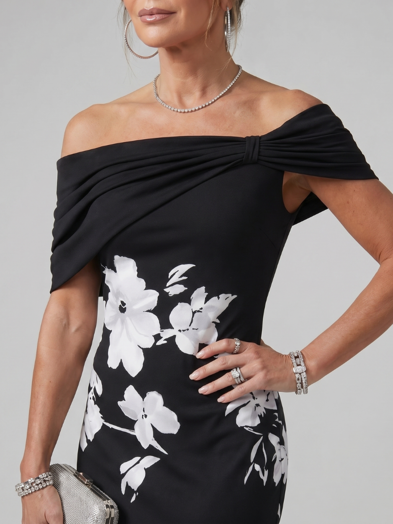 Chic women's off-shoulder midi dress with a unique draped neckline, ideal for cocktail parties & special occasions.