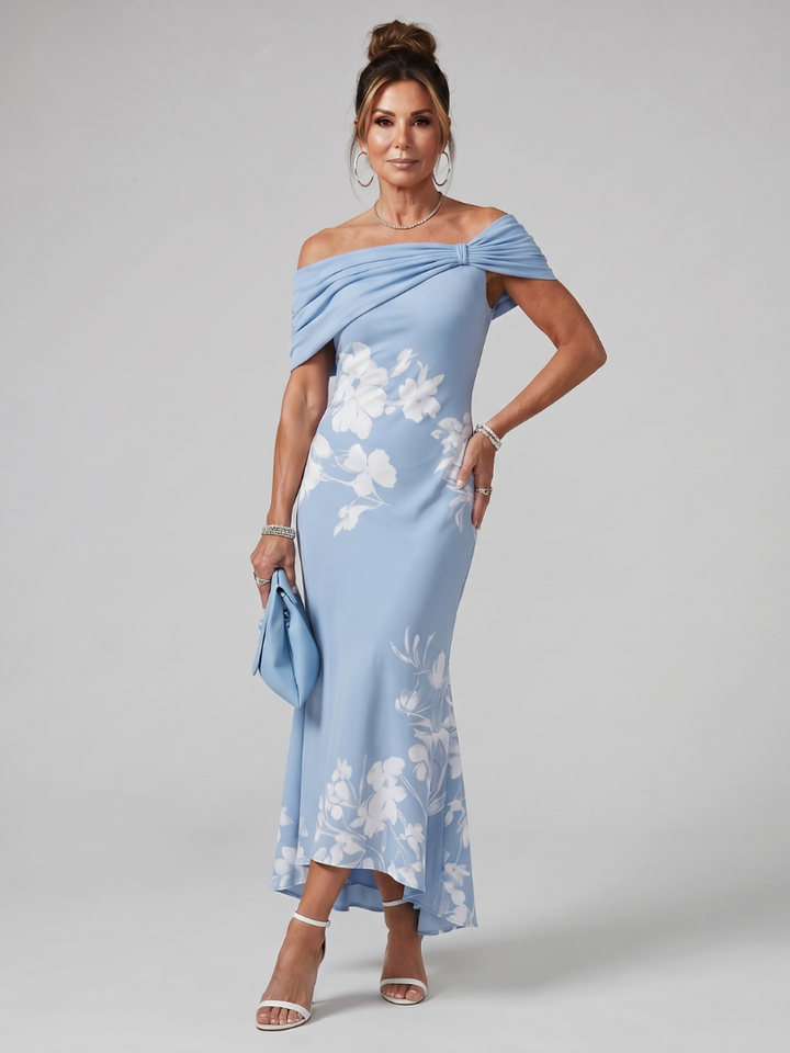 Sky blue elegant off-shoulder midi dress, draped neckline, perfect for women's evening, party, or formal wear.