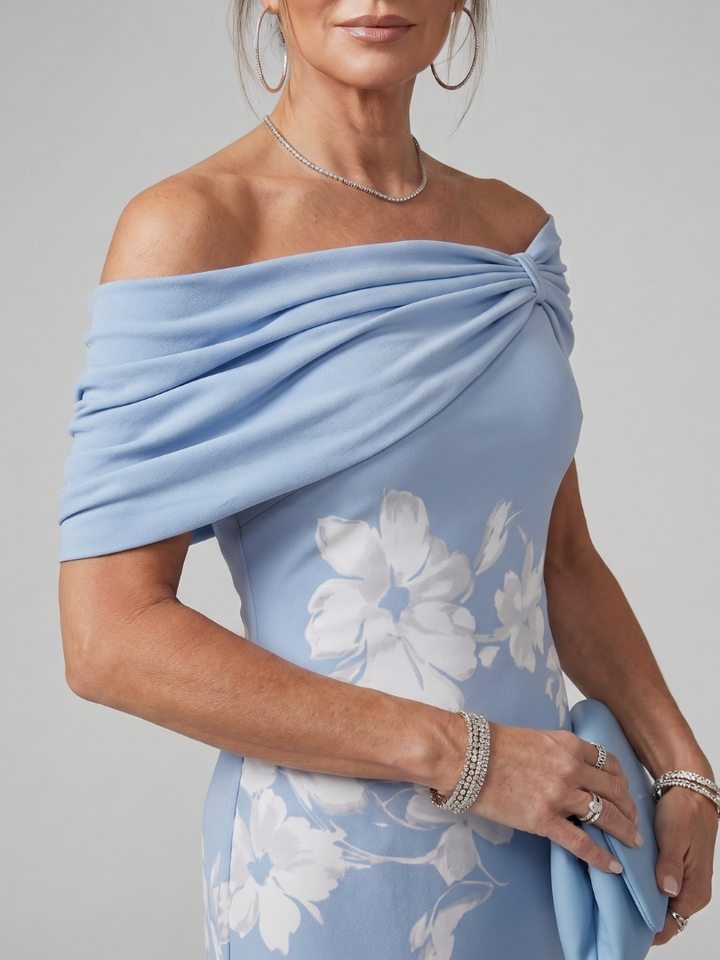 Sophisticated women's midi dress, off-shoulder & draped neckline detail, a timeless piece for elegant events.