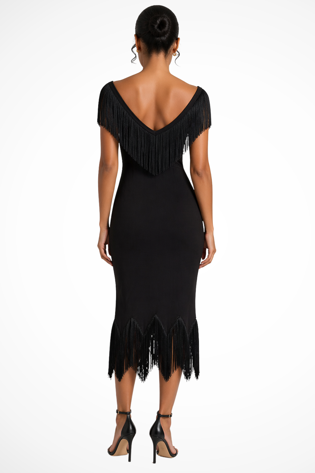 Stylish women's fringe trim off-shoulder midi dress for formal events, parties, or as a chic wedding guest outfit.