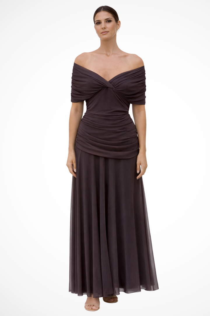Elegant women's off-shoulder midi dress with pleated skirt, perfect for summer evening parties.