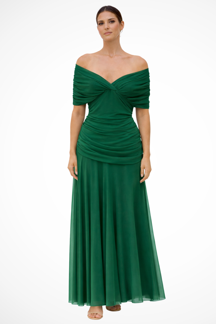 Chic off-shoulder pleated party dress for women, an elegant midi perfect for summer occasions.