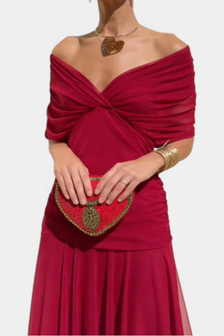 Elegant women's off-shoulder summer dress, featuring a beautifully pleated midi skirt for parties.