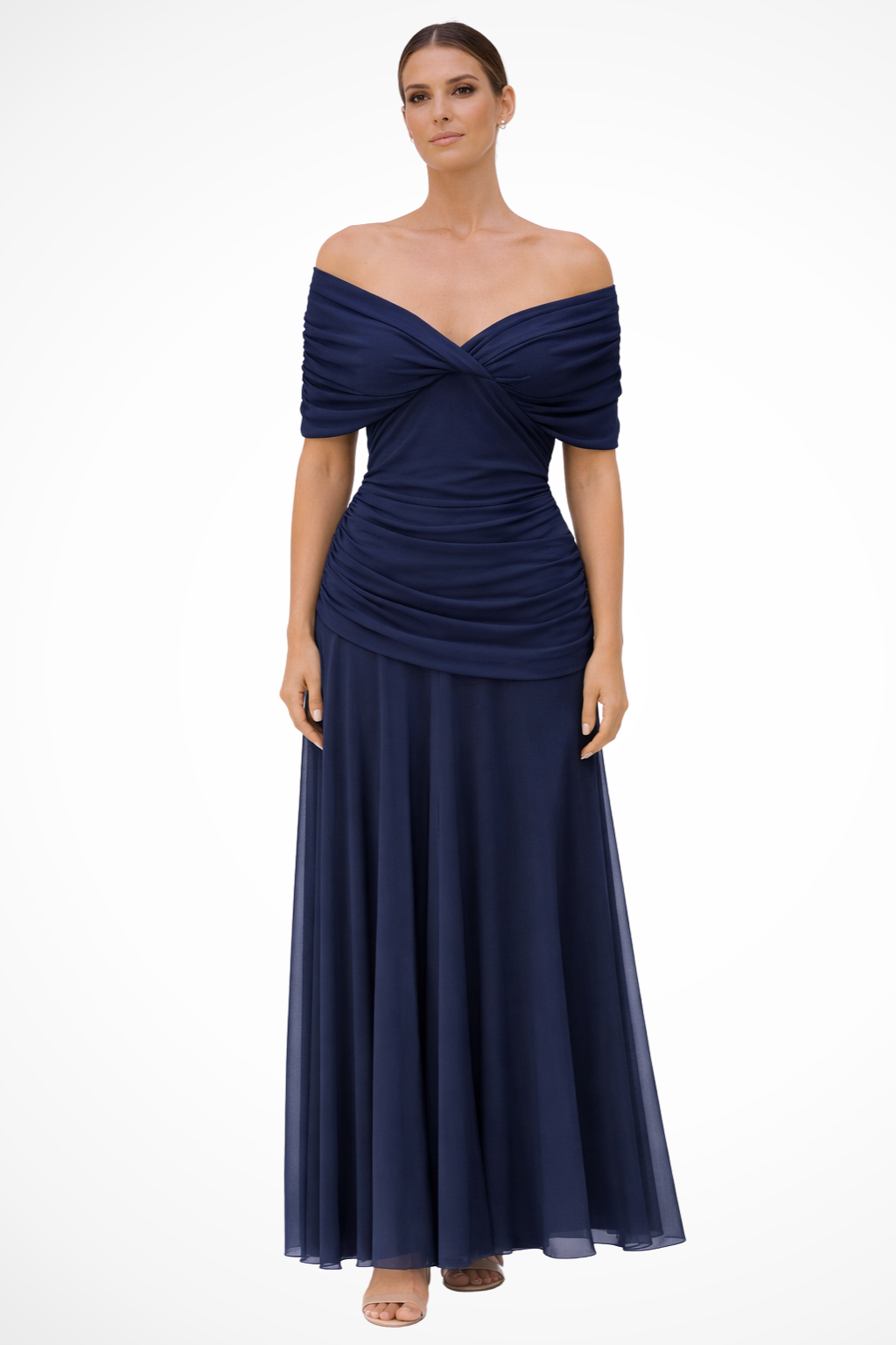 Women's chic off-shoulder pleated summer midi dress, elegant and flowing for special occasions.