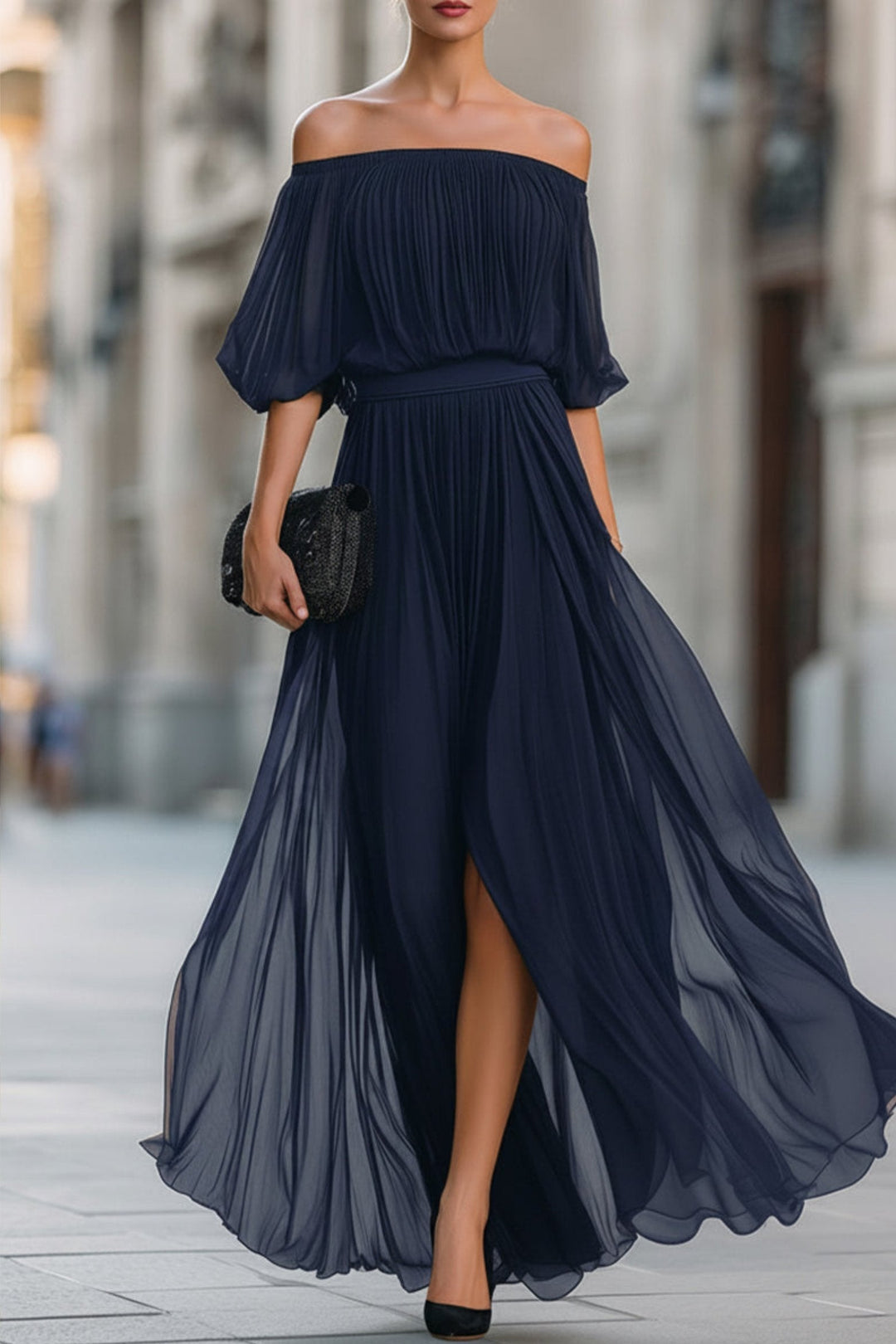 Elegant women's off-shoulder pleated maxi dress for evening events. Flowy formal long party gown.