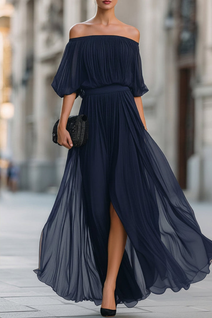 Elegant women's off-shoulder pleated maxi dress for evening events. Flowy formal long party gown.