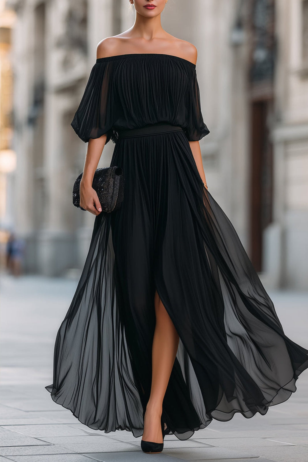 Chic women's off-shoulder pleated maxi dress, perfect for formal evening parties and special events.