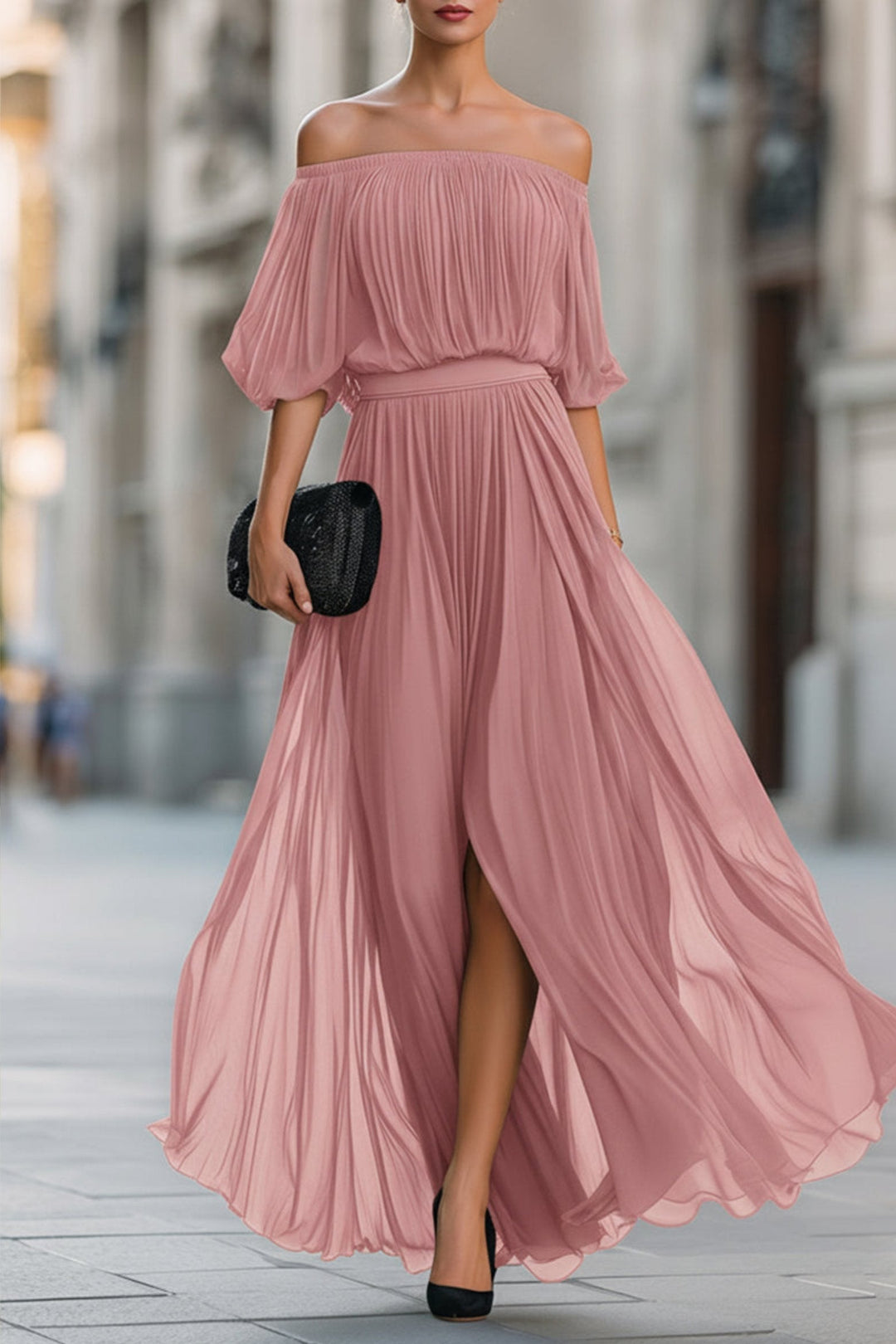 Women's elegant off-shoulder pleated long maxi dress. Perfect formal evening gown for parties & events.