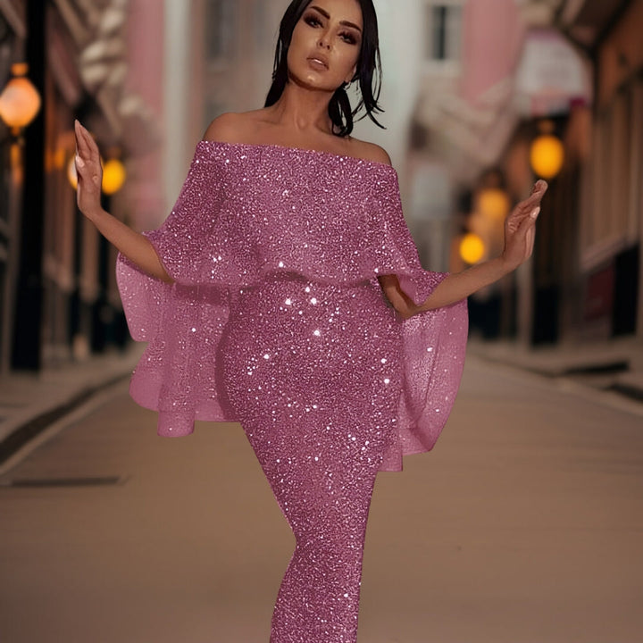 Chic women's ruffle off-shoulder summer dress, versatile for day events or elegant evening wear. Party ready.