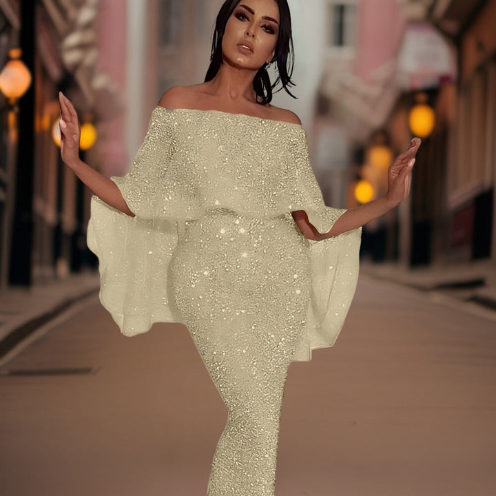 Stylish women's off-shoulder ruffle party dress. Elegant design transitions seamlessly from day to night events.