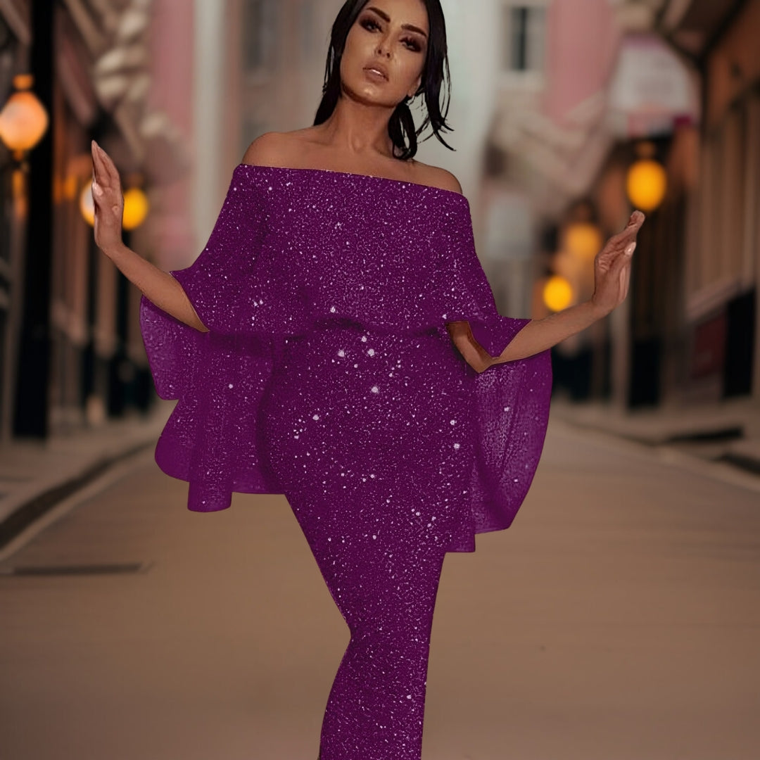 Beautiful women's elegant off-shoulder cocktail dress with delicate ruffles, ideal for summer parties.