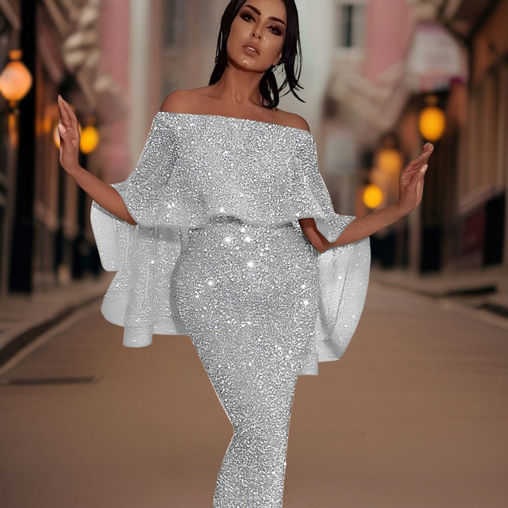 Fashionable women's elegant off-shoulder ruffle dress, a comfortable & chic choice for any day to night occasion.
