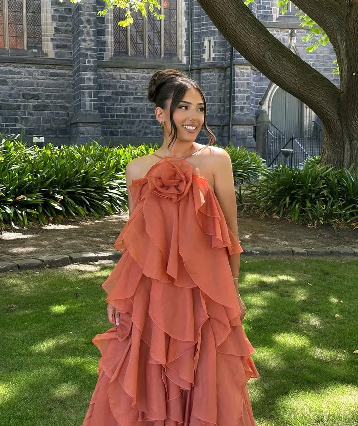 Stylish women's off-shoulder maxi dress with ruffles, a formal dress for special occasions.
