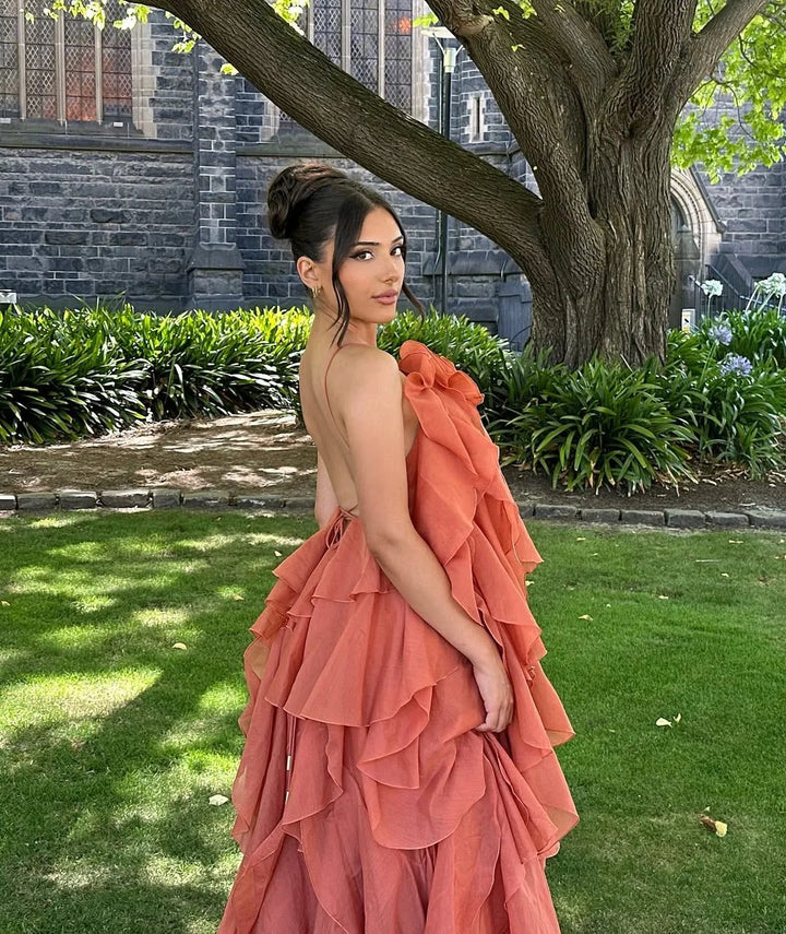 Beautiful off-shoulder ruffle maxi dress, an elegant women's gown for wedding guests & evening events.