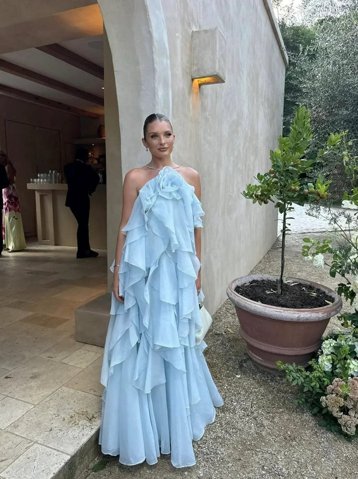 Women's elegant off-shoulder ruffle maxi dress, a chic formal gown for any special occasion.