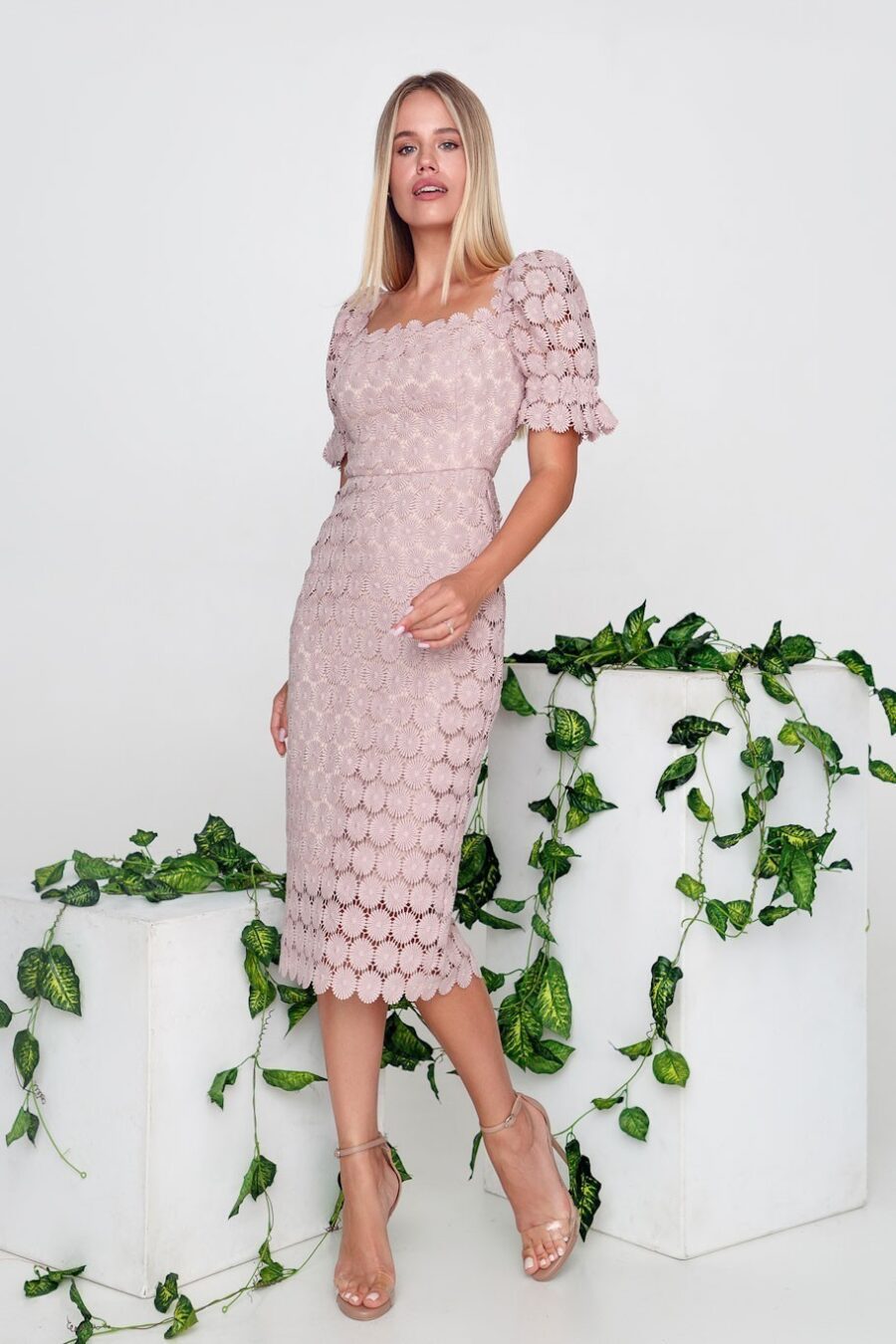 Elegant women's off-shoulder scalloped midi dress, perfect for evening events.