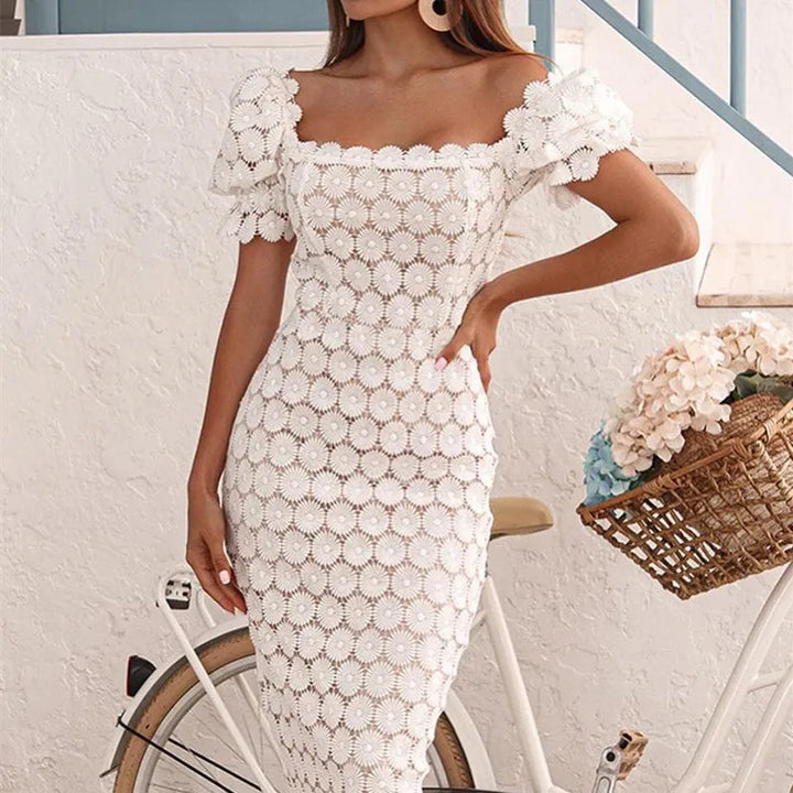Beautiful elegant women's midi dress, off-shoulder and scalloped, perfect for formal evening wear.