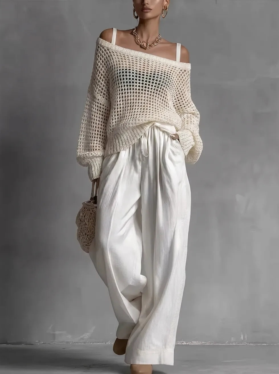 Elegant women's off-shoulder two-piece set with a relaxed fit. Versatile textured co-ord for summer fashion.