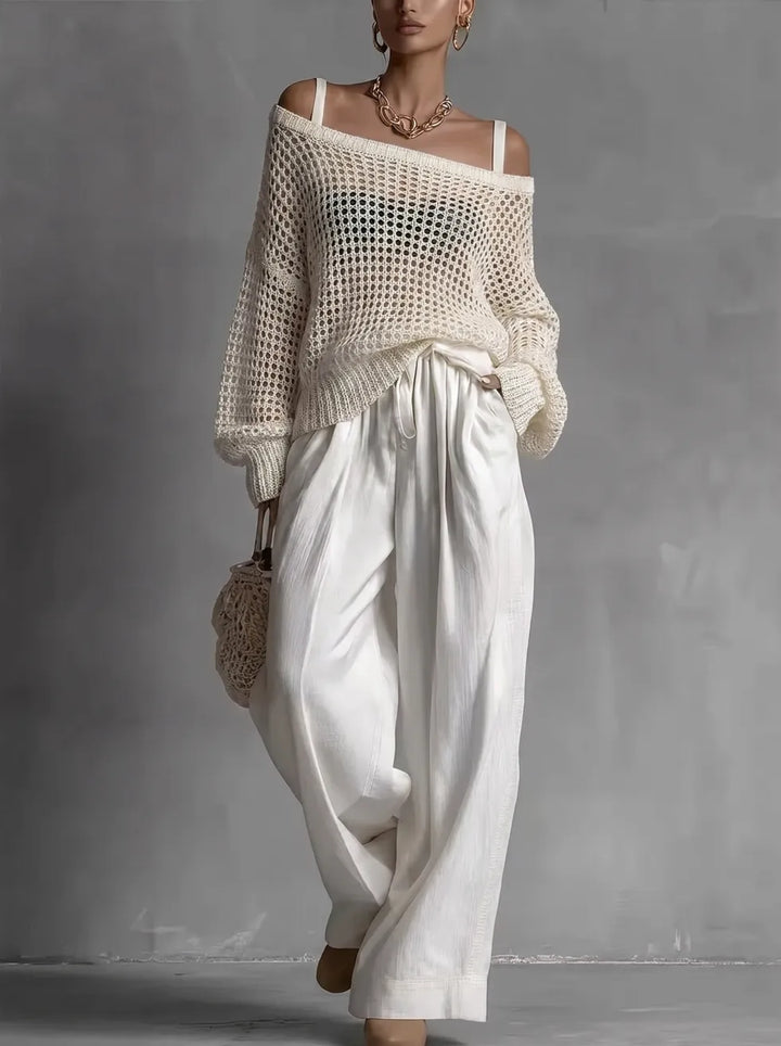 Elegant women's off-shoulder two-piece set with a relaxed fit. Versatile textured co-ord for summer fashion.