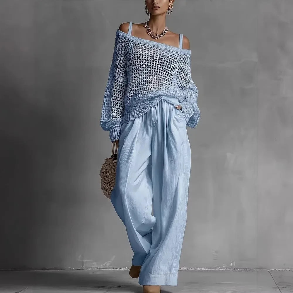 Chic women's off-shoulder matching set, a two-piece co-ord with textured fabric for elegant summer outfits.