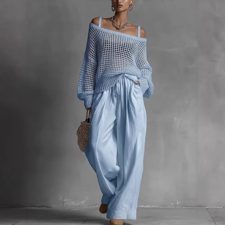 Chic women's off-shoulder matching set, a two-piece co-ord with textured fabric for elegant summer outfits.