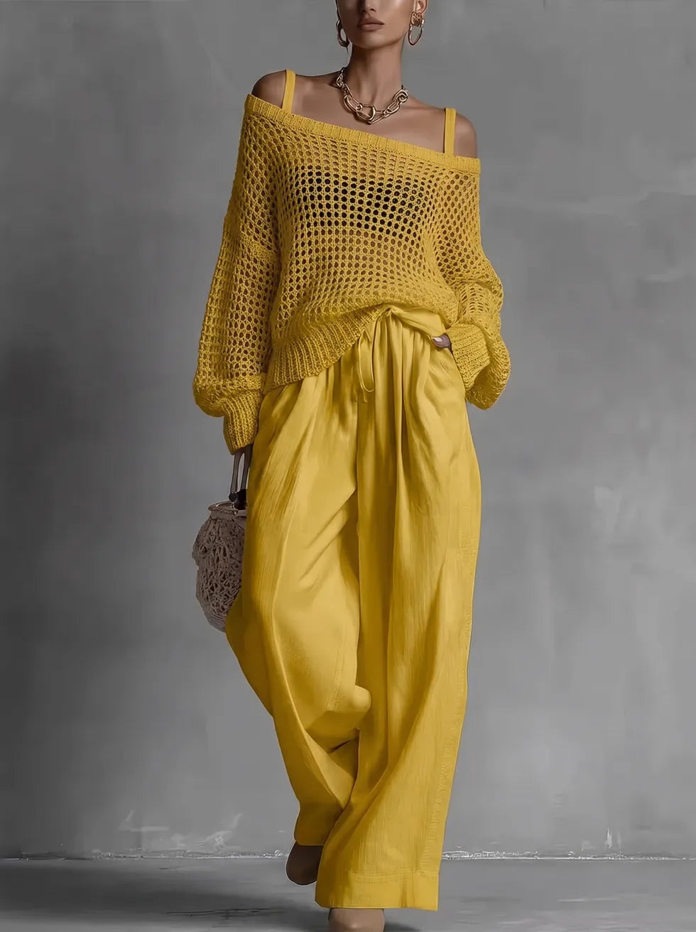 Versatile women's off-shoulder two-piece set. Relaxed fit co-ord for casual or elegant summer fashion.