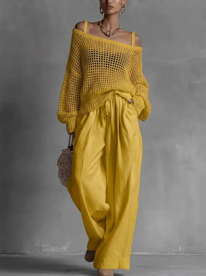 Versatile women's off-shoulder two-piece set. Relaxed fit co-ord for casual or elegant summer fashion.