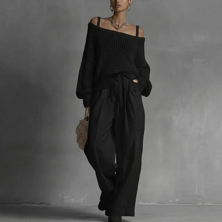 Stylish women's off-shoulder casual two-piece set. Textured fabric, matching co-ord for summer fashion.