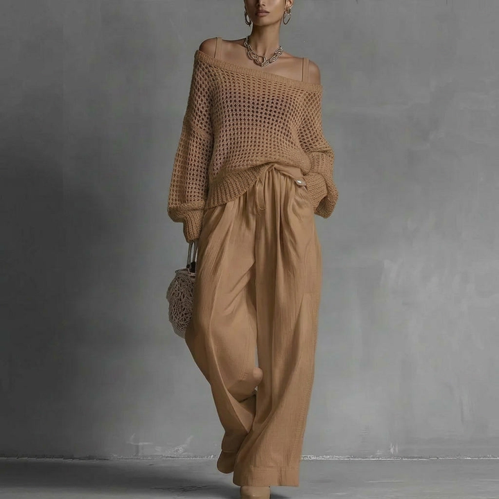 Women's elegant off-shoulder two-piece set, a relaxed fit co-ord. Perfect for versatile summer style.
