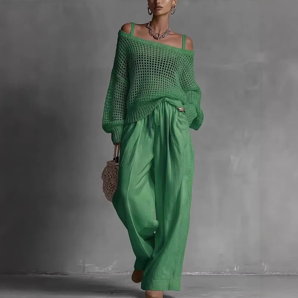 Fashionable women's off-shoulder two-piece set. Casual yet elegant matching co-ord for summer outfits.
