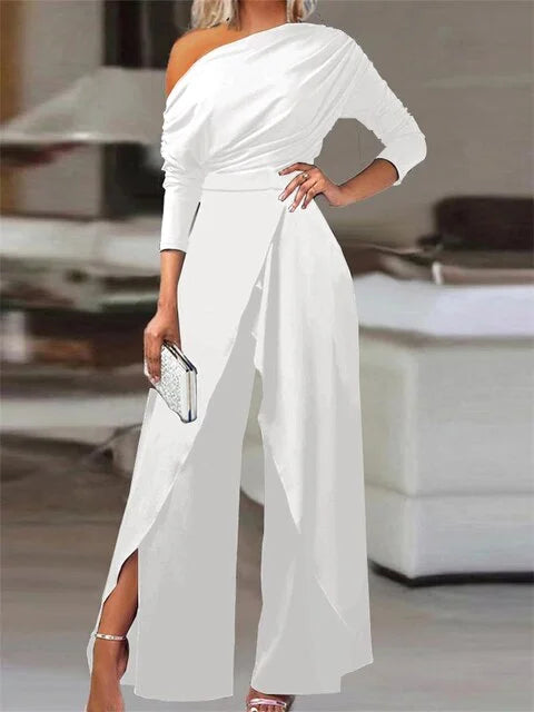 Elegant women's off-shoulder wide leg jumpsuit with a chic wrap front, perfect for parties & evening wear.