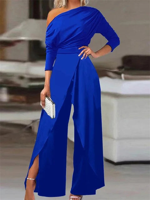Chic women's off-shoulder wide leg jumpsuit; sophisticated one-piece for formal events and elegant occasions.