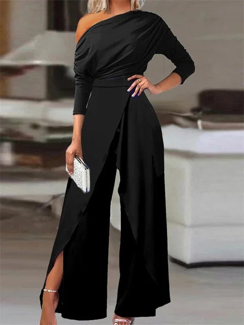 Fashionable off-shoulder wide leg jumpsuit for women, featuring a stylish wrap front; ideal for chic party outfits.