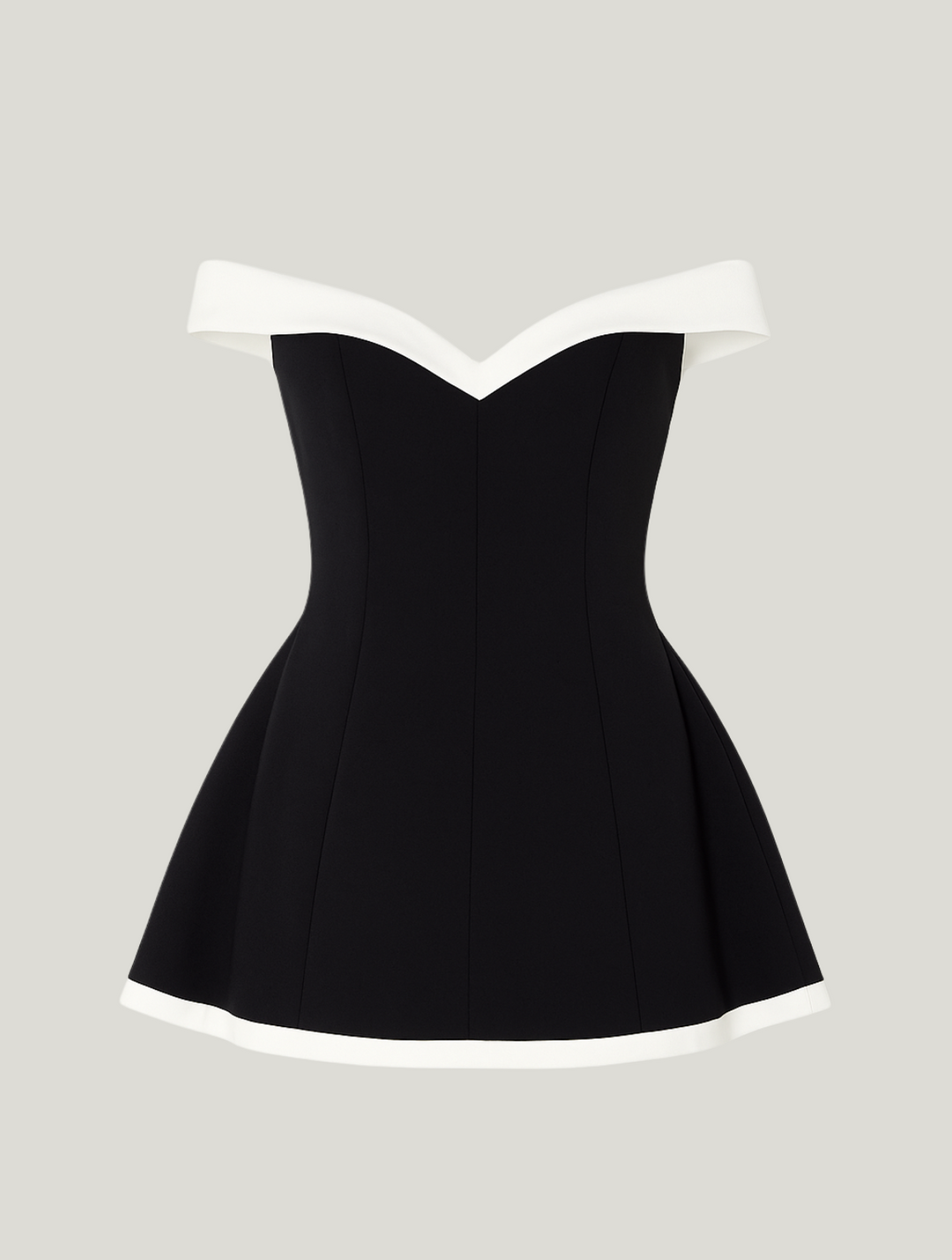 Flattering A-line mini dress for women with elegant off-the-shoulder neckline. Perfect party or cocktail attire.