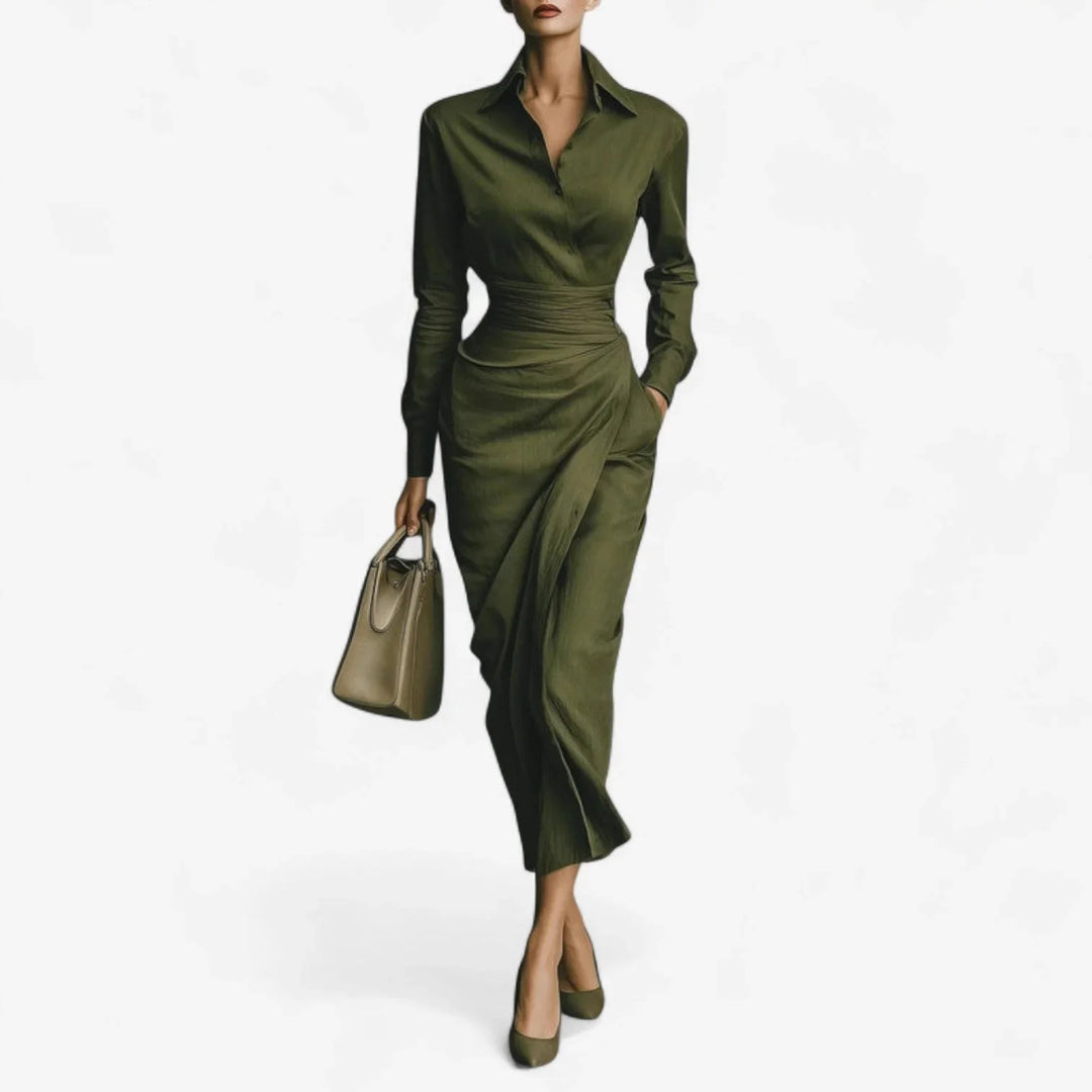 Elegant women's olive green long-sleeve collared midi wrap dress, perfect for day to night wear. Fall fashion.