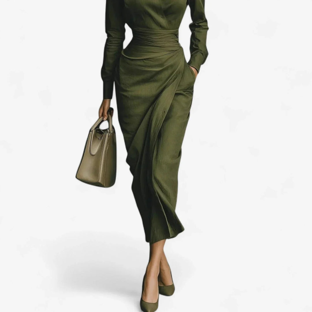 Sophisticated olive green long-sleeve midi wrap dress for women, versatile and elegant. Great for fall fashion.