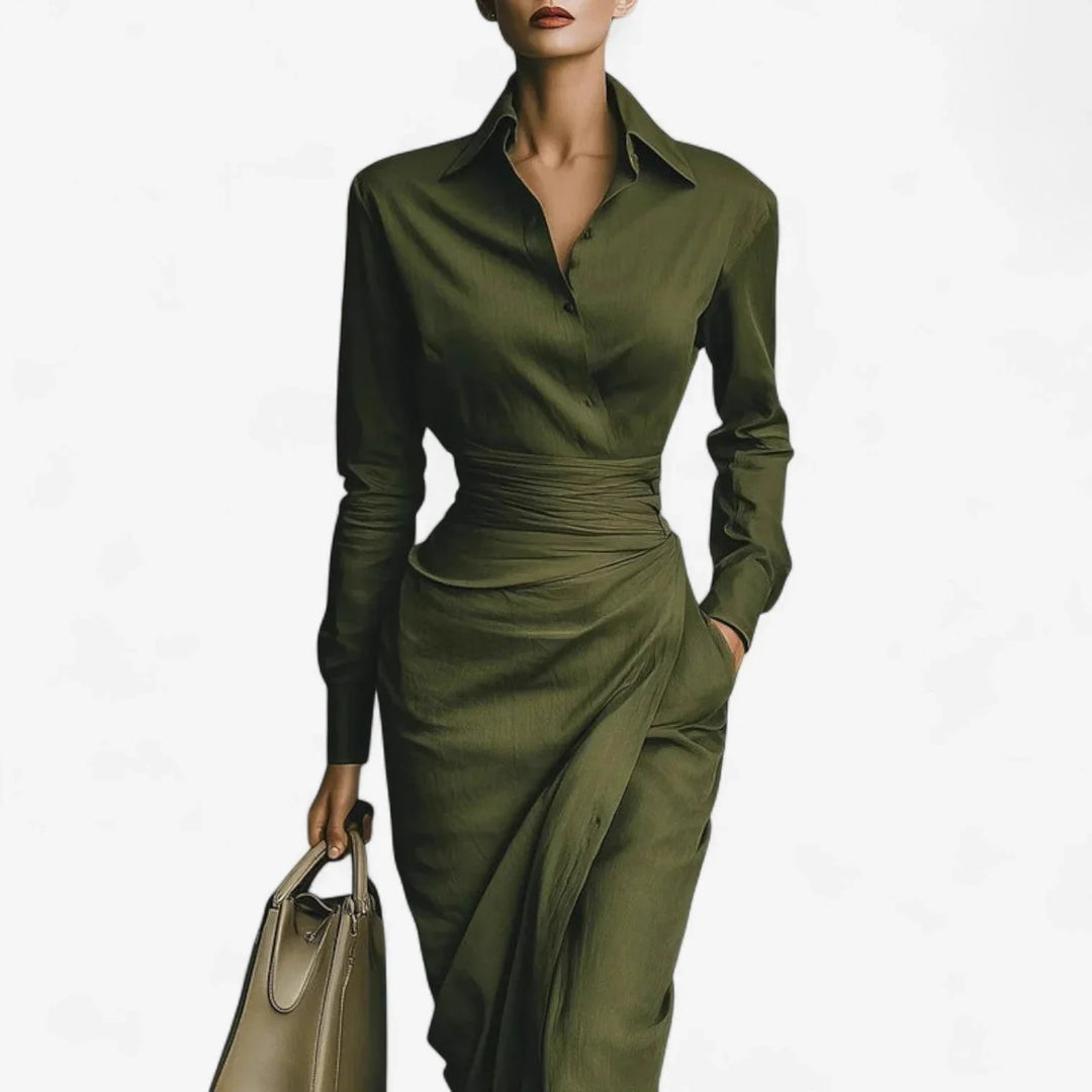 Women's stylish olive green long-sleeve collared midi wrap dress with belt, perfect for elegant fall fashion.