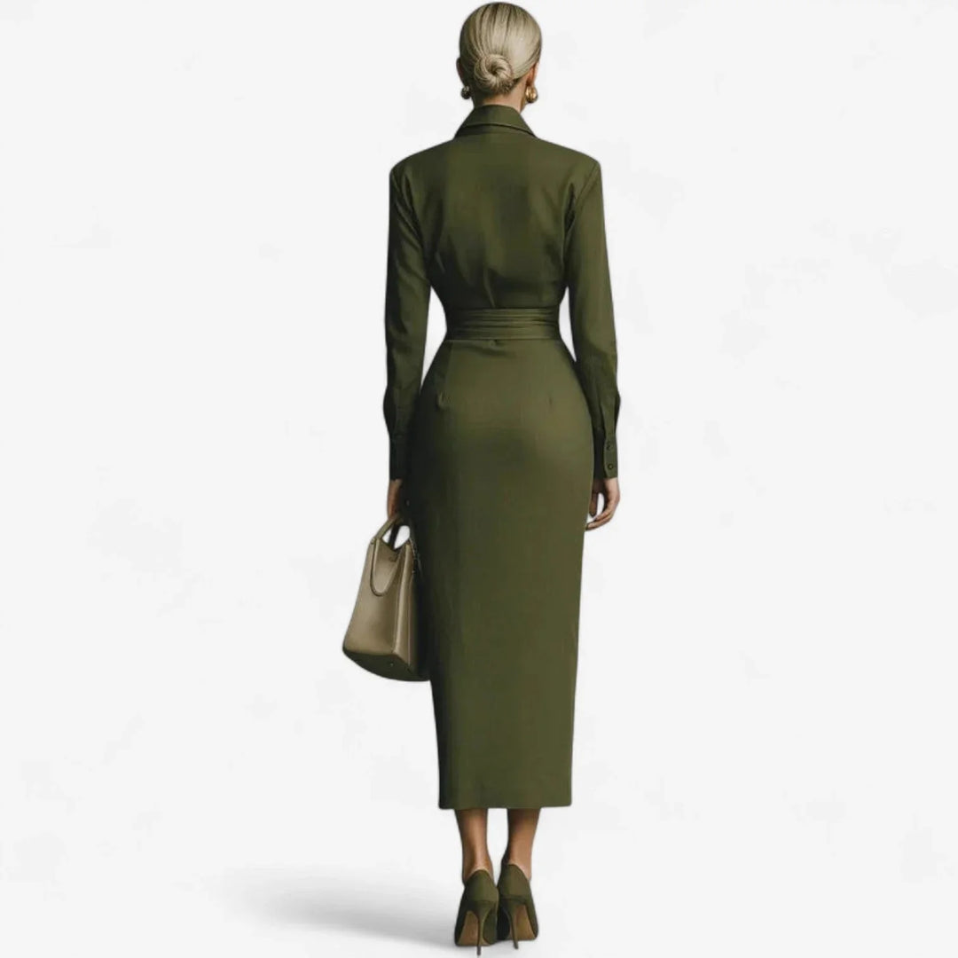 Chic olive green long-sleeve collared midi wrap dress for women. An elegant and versatile day-to-night fall look.
