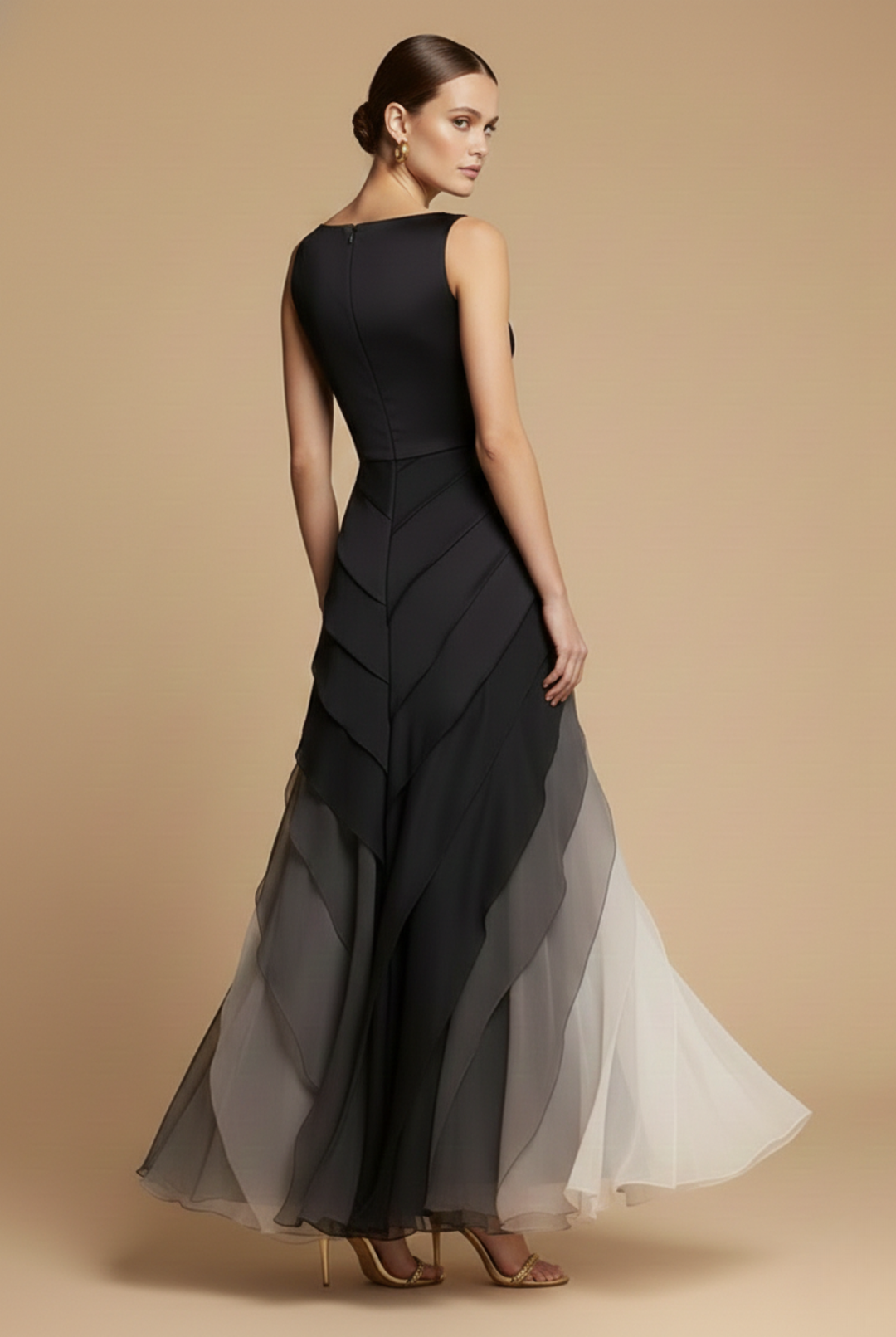 Women's elegant black ombre tiered maxi dress. Formal evening gown, perfect for wedding guests & special occasions.