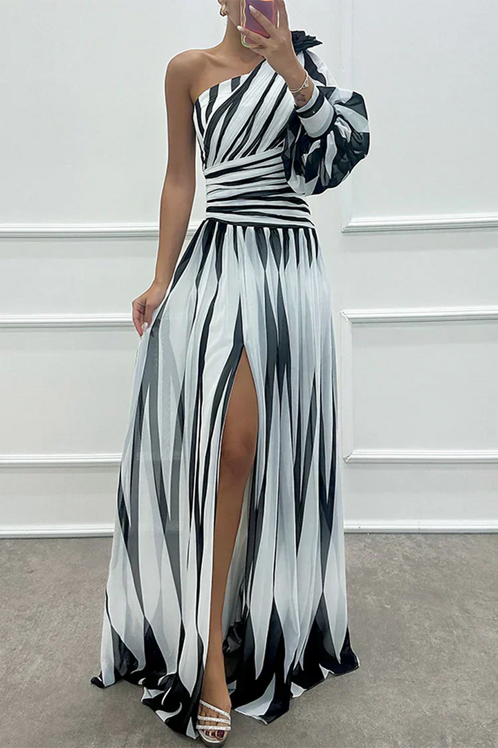 Stylish women's one shoulder long formal dress with asymmetric hem, ideal for special occasion parties.