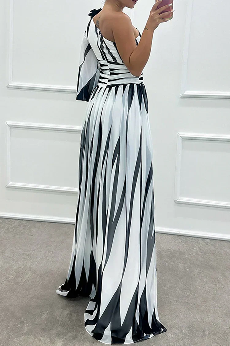 Chic maxi wedding guest dress for women, featuring a sophisticated one shoulder and asymmetric design.