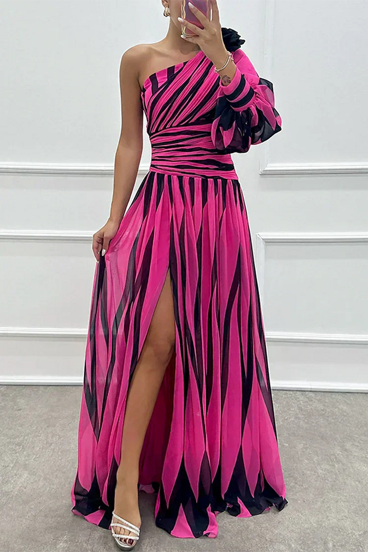 Flowing women's one shoulder evening gown, an elegant asymmetric maxi dress suitable for formal events.