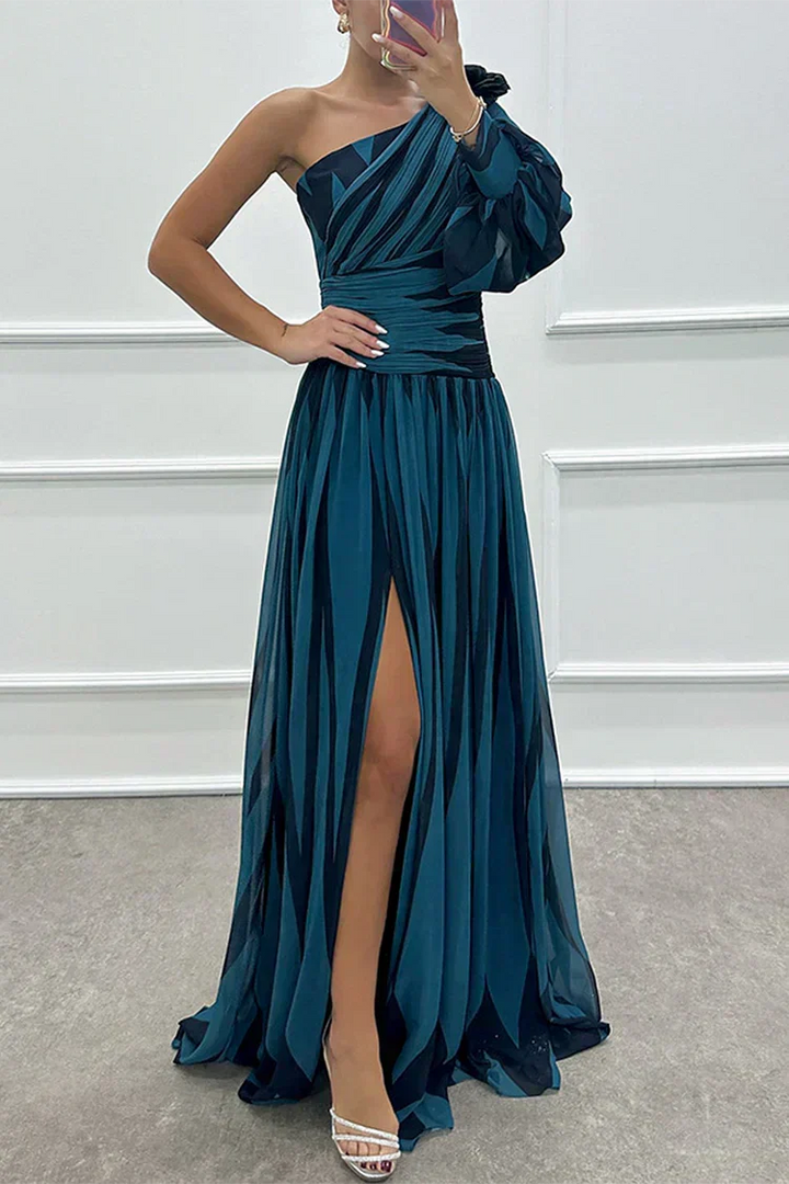 Fashionable women's one shoulder asymmetric maxi dress, ideal for formal parties, evenings, and wedding guests.