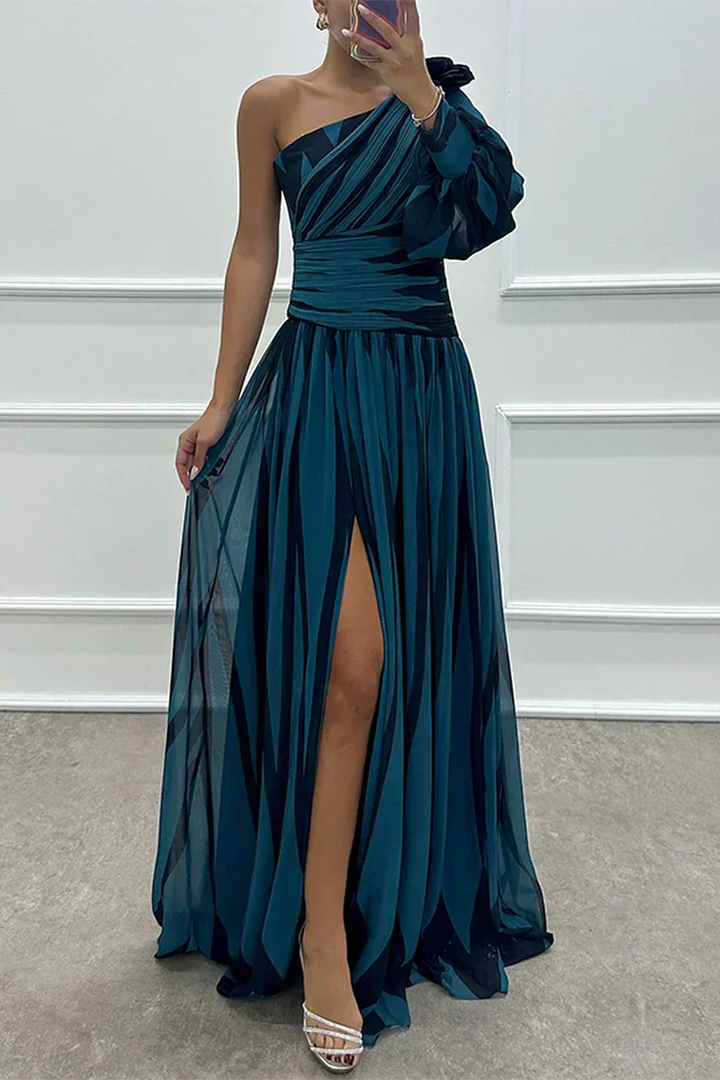 Graceful women's wedding guest dress, one shoulder asymmetric maxi style, perfect for formal and evening events.
