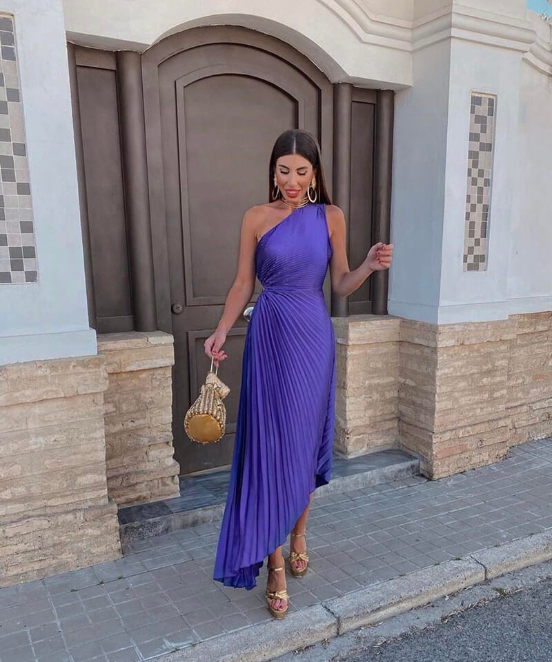 Elegant women's one shoulder asymmetric midi dress, perfect for wedding guests, parties & special occasions.