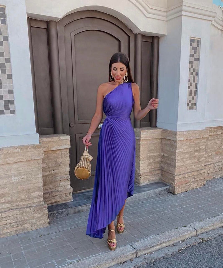 Elegant women's one shoulder asymmetric midi dress, perfect for wedding guests, parties & special occasions.