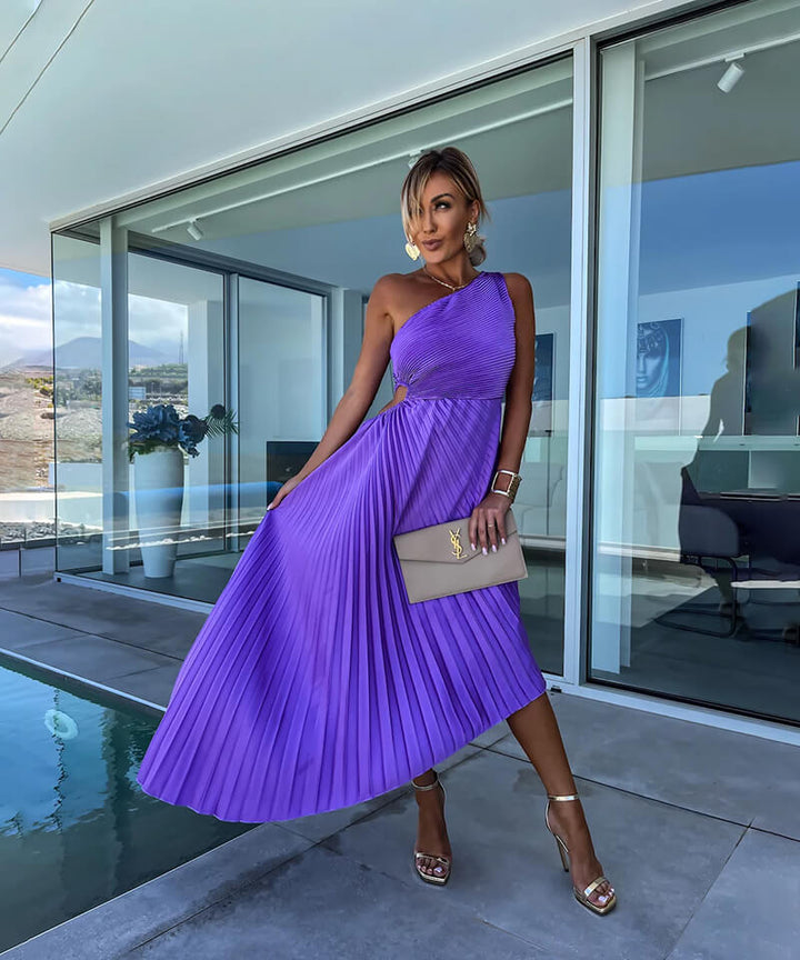 Stunning women's one-shoulder midi dress with asymmetric hem, ideal as a formal wedding guest or party dress.