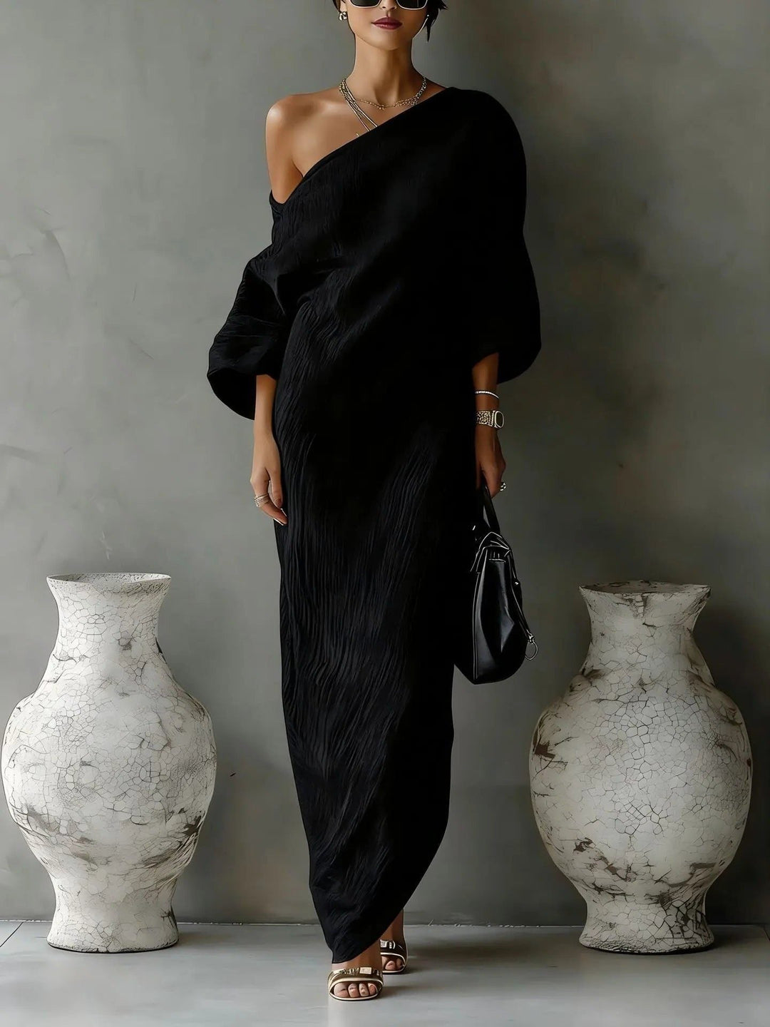 Lightweight women's asymmetrical one-shoulder maxi dress, elegant and flowy, perfect for hot summer days and resort wear.
